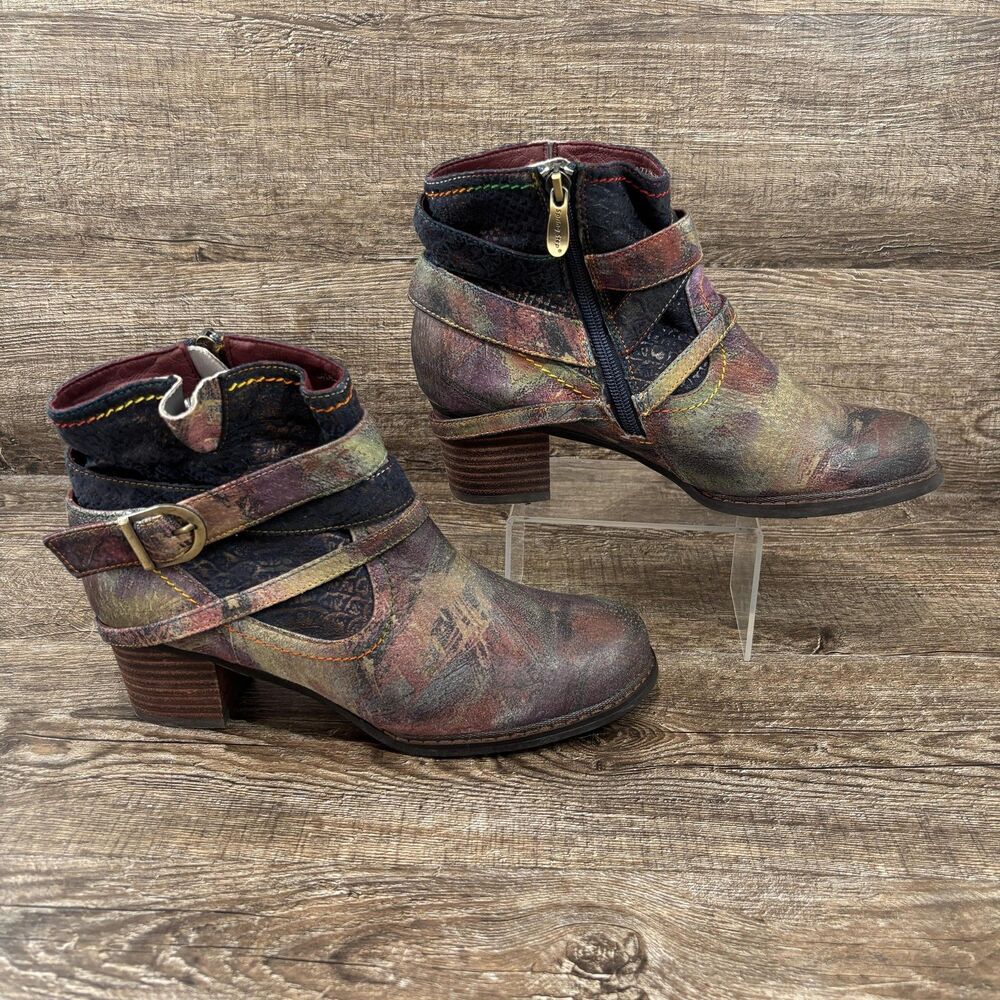L'Artiste Shazzam Ankle Boots Women's 8.5 EU 39 Multicolor Leather Zip Buckle